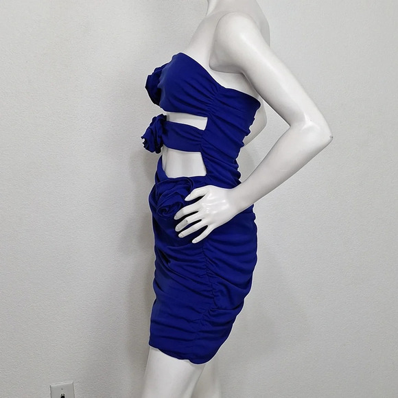 Zara NEW Blue 3D Floral Cut Out Boho Romantic Ruched Strapless Mini Dress XL - Picture 4 of 10
